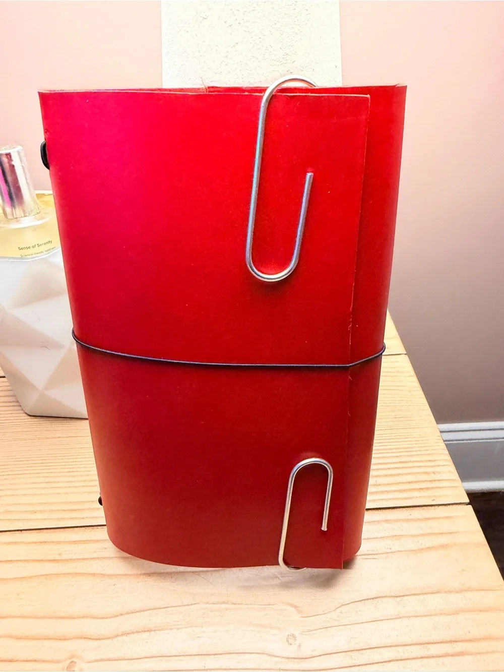 Handmade Red A5 Journal Cover with Elastic Closure and Front Charm